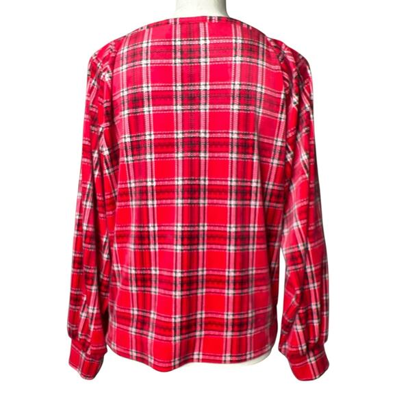 LOFT Women's Velour Blouse in Christmas Red Plaid w/Full Sleeves Size Small - Picture 4 of 6